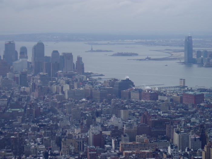 Liberty Island and Ellis Island in the distance