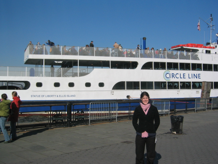 Catherine in front of the boat to Liberty Island