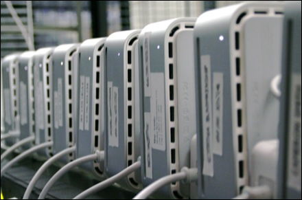 Apple Mac Mini computers installed in a rack mounted colocation facility.